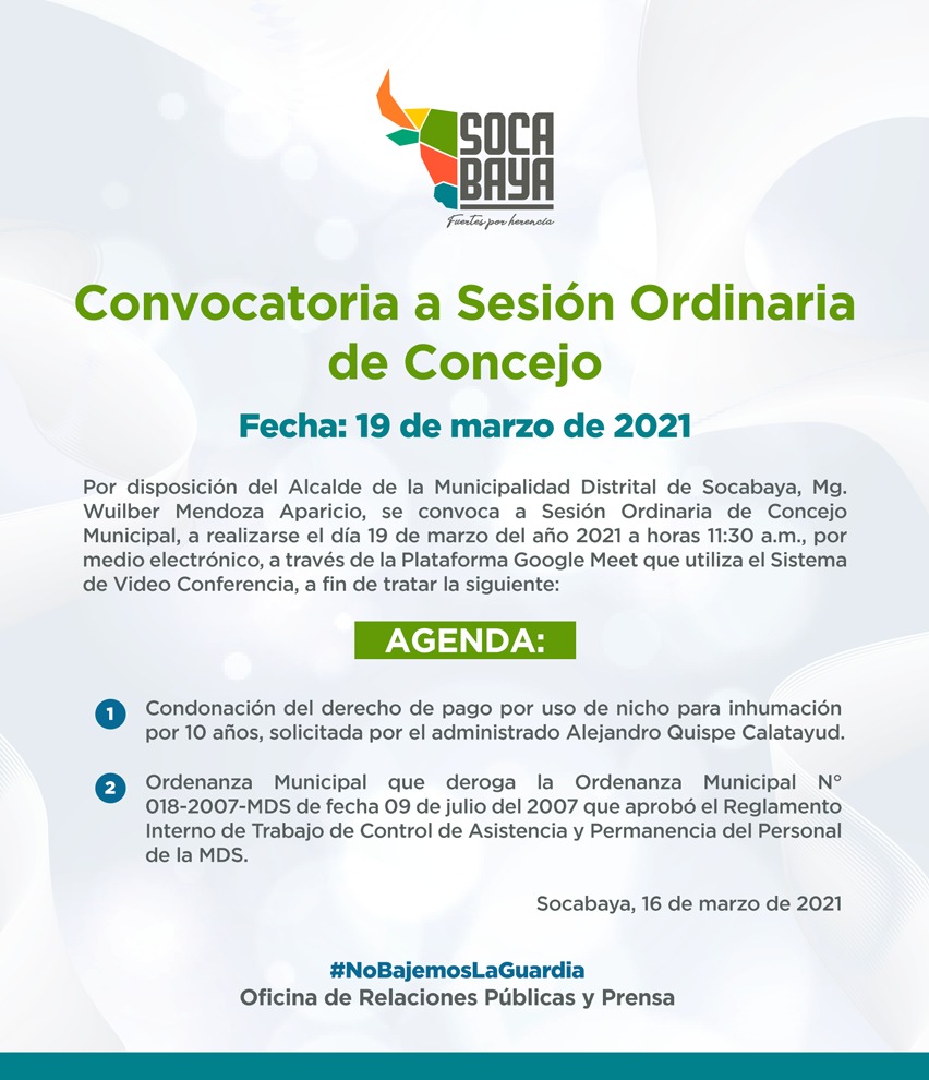 Convocatoria A SesiÓn De Concejo Para El 19 De Marzo De 2021 Municipalidad Distrital De Socabaya 8953